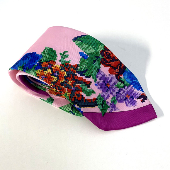 Gianni Versace Tie 100% Silk Necktie Men Pink Floral Cross Stitch Print … - Picture 1 of 14